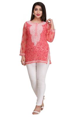 Pink Embroidered Georgette Short Kurti 1