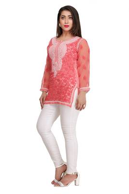 Pink Embroidered Georgette Short Kurti 3