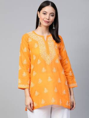 Hand Embroidered Mustard Cotton Lucknow Chikankari Women Short Kurti - A210866 1