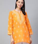 Hand Embroidered Mustard Cotton Lucknow Chikankari Women Short Kurti - A210866