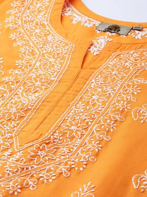 Hand Embroidered Mustard Cotton Lucknow Chikankari Women Short Kurti - A210866 2