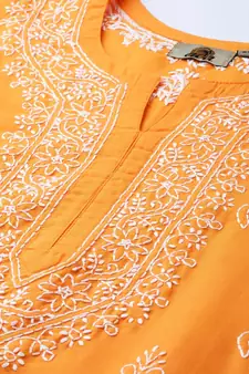 Hand Embroidered Mustard Cotton Lucknow Chikankari Women Short Kurti - A210866