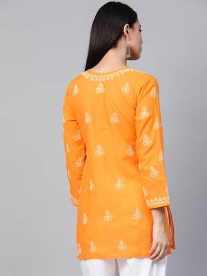 Hand Embroidered Mustard Cotton Lucknow Chikankari Women Short Kurti - A210866 3