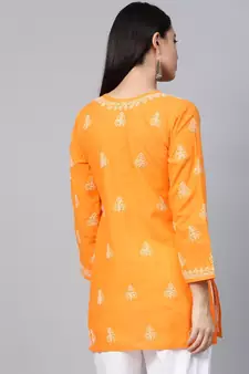 Hand Embroidered Mustard Cotton Lucknow Chikankari Women Short Kurti - A210866