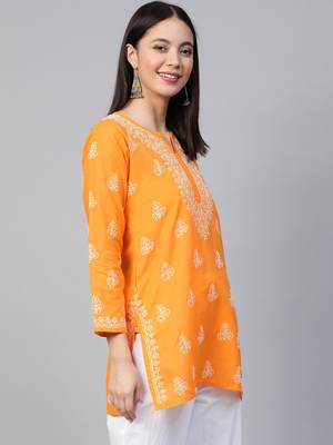 Hand Embroidered Mustard Cotton Lucknow Chikankari Women Short Kurti - A210866 4