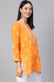 Hand Embroidered Mustard Cotton Lucknow Chikankari Women Short Kurti - A210866