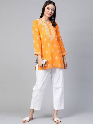 Hand Embroidered Mustard Cotton Lucknow Chikankari Women Short Kurti - A210866 5