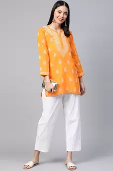 Hand Embroidered Mustard Cotton Lucknow Chikankari Women Short Kurti - A210866