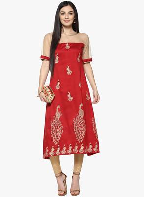 red raw_silk polyester stitched kurti 1