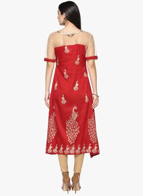 red raw_silk polyester stitched kurti 3