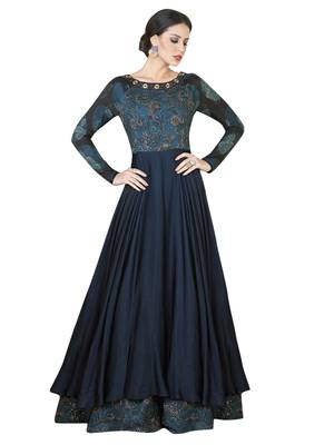 Navy Blue Embroidered Satin Semi stitched Gown 1