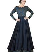 Navy Blue Embroidered Satin Semi stitched Gown