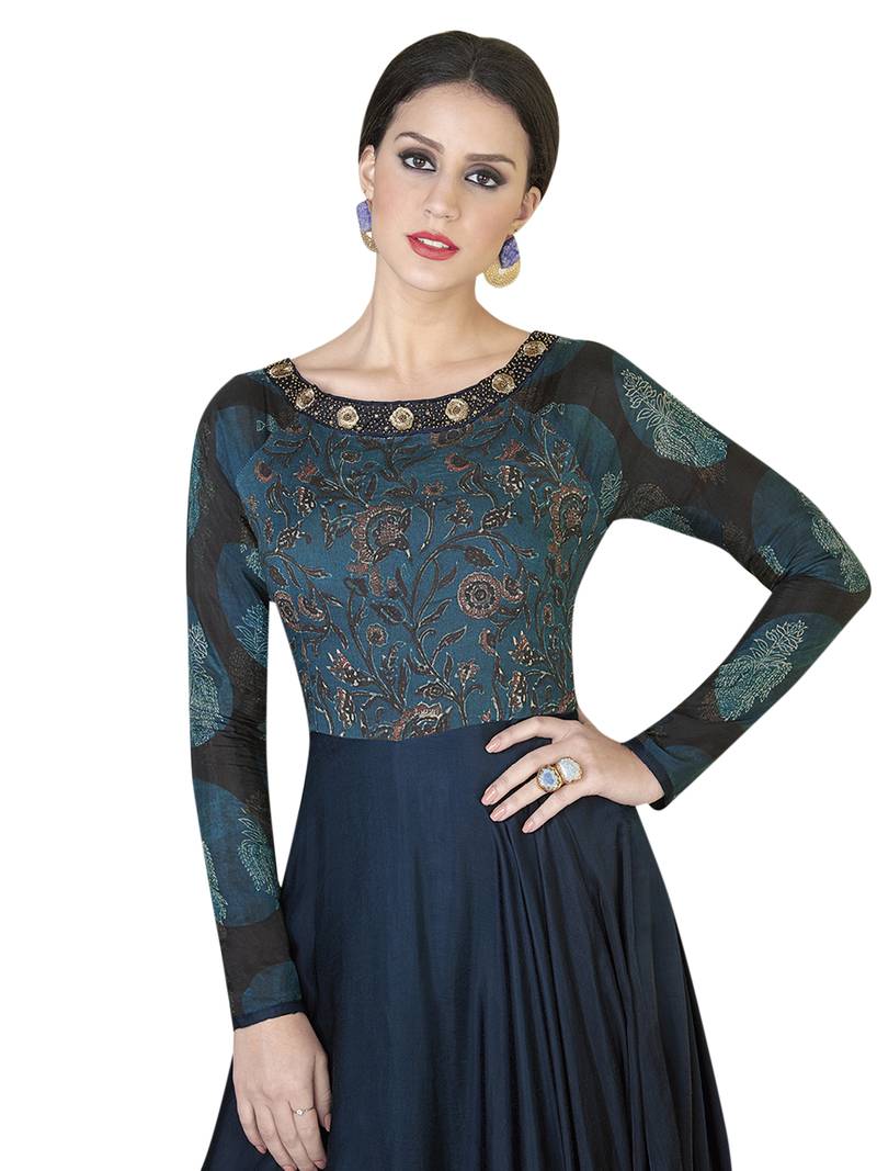 Navy Blue Embroidered Satin Semi stitched Gown
