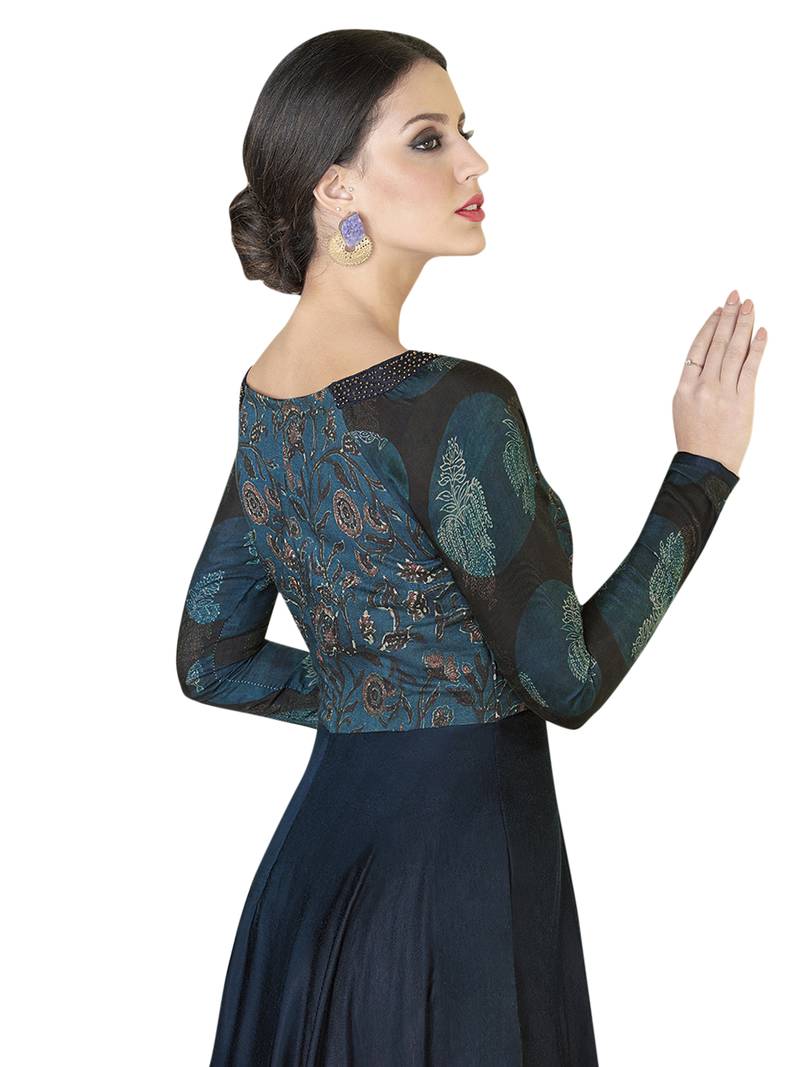 Navy Blue Embroidered Satin Semi stitched Gown