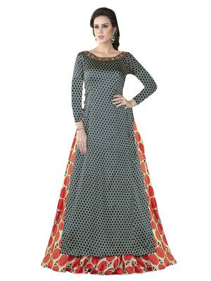 Navy Blue Embroidered Satin Semi stitched Gown 1