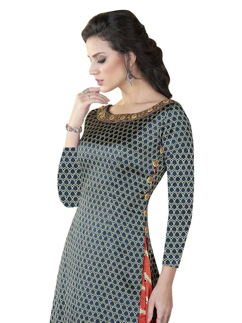 Navy Blue Embroidered Satin Semi stitched Gown