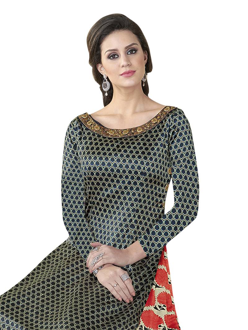 Navy Blue Embroidered Satin Semi stitched Gown