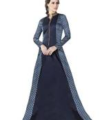 Navy Blue Embroidered Satin Semi stitched Gown