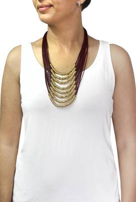 Italian Rings Multistrand 7 Layered Maroon Nylon 18K Gold Brass LongStatement Necklace Women 3