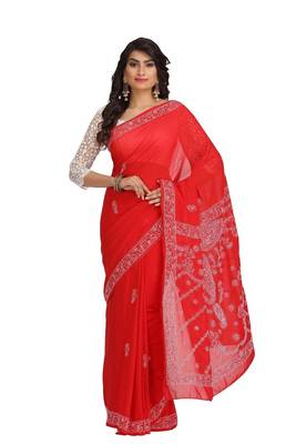 Ada Red Embroidered Faux Georgette Chikankari Saree 1