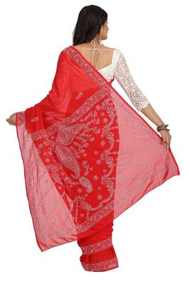 Ada Red Embroidered Faux Georgette Chikankari Saree 2