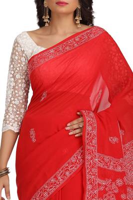Ada Red Embroidered Faux Georgette Chikankari Saree 3