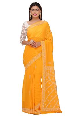 Handmade Mustard Faux Georgette Lucknowi Chikankari Indian Women Saree With Blouse 1