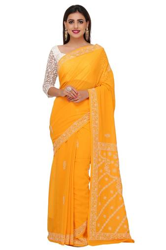 Handmade Mustard Faux Georgette Lucknowi Chikankari Indian Women Saree With Blouse