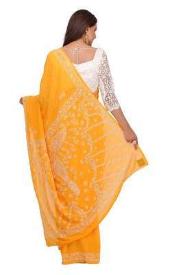 Handmade Mustard Faux Georgette Lucknowi Chikankari Indian Women Saree With Blouse 2