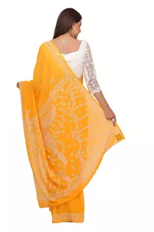 Handmade Mustard Faux Georgette Lucknowi Chikankari Indian Women Saree With Blouse