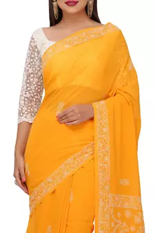Handmade Mustard Faux Georgette Lucknowi Chikankari Indian Women Saree With Blouse