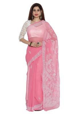 Ada Pink Embroidered Faux Georgette Chikankari Saree 1