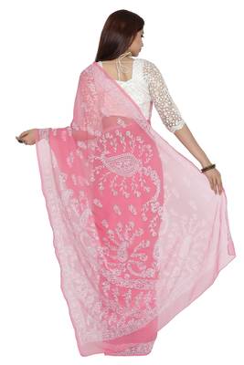 Ada Pink Embroidered Faux Georgette Chikankari Saree 2