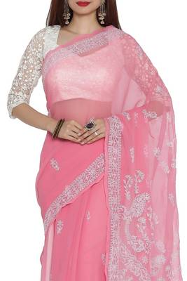 Ada Pink Embroidered Faux Georgette Chikankari Saree 3