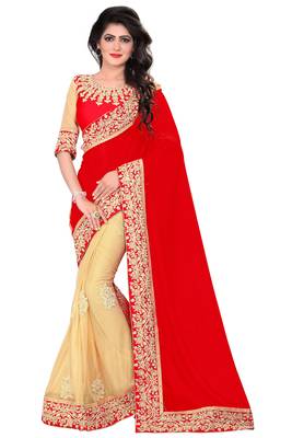Red embroidered georgette saree with blouse 1