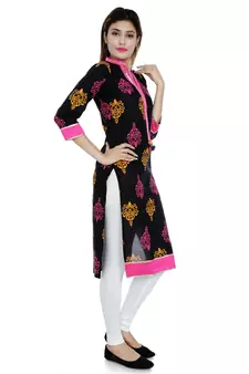 Black printed stitched cotton-kurtis