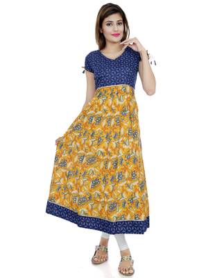 Yellow printed stitched cotton-kurtis 1