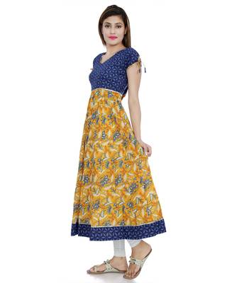 Yellow printed stitched cotton-kurtis 2