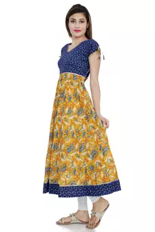Yellow printed stitched cotton-kurtis
