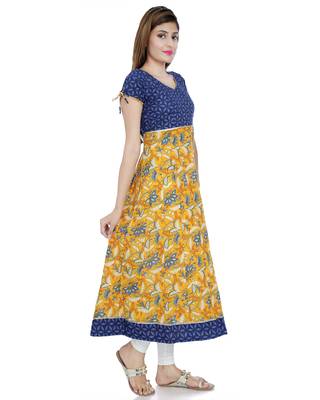 Yellow printed stitched cotton-kurtis 3