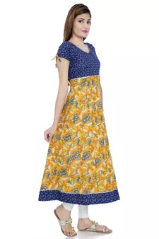 Yellow printed stitched cotton-kurtis