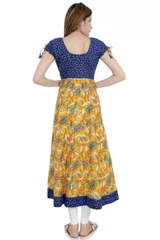 Yellow printed stitched cotton-kurtis