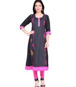 Black printed stitched cotton-kurtis