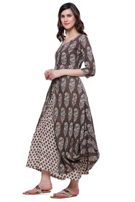 Brown printed stitched cotton-kurtis 2