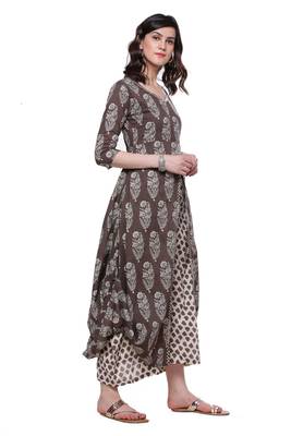Brown printed stitched cotton-kurtis 3