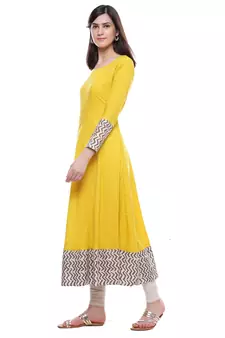 Yellow plain viscose stitched rayon ethnic-kurtis