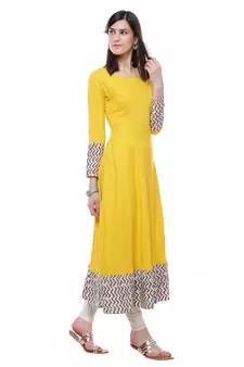 Yellow plain viscose stitched rayon ethnic-kurtis