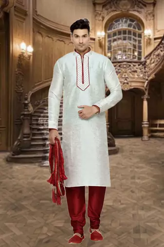 Indian Poshakh Cream Dupion Brocket Kurta Pajama