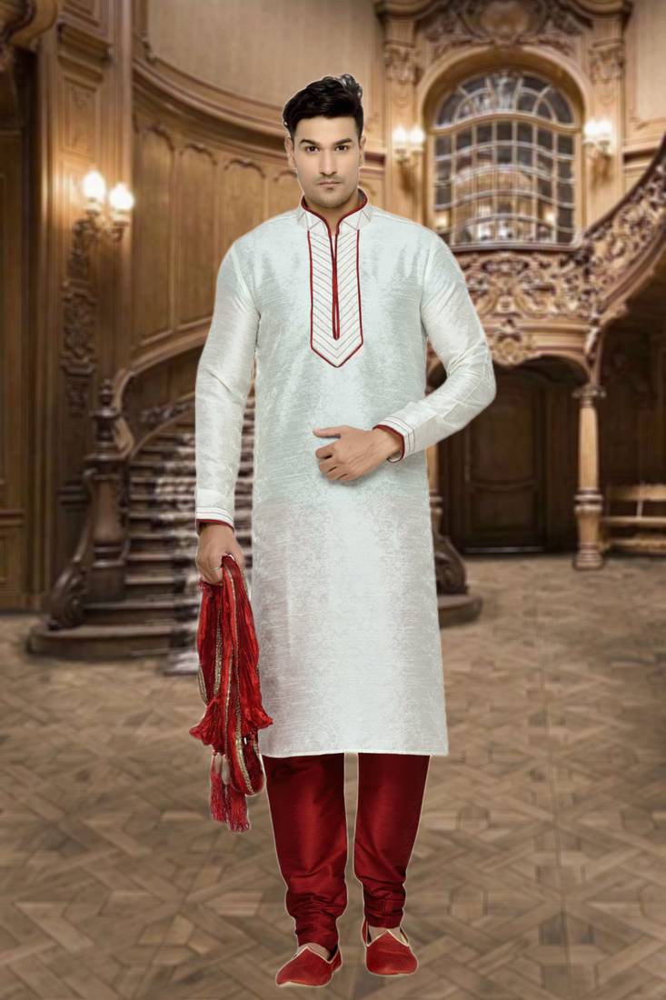 Indian Poshakh Cream Dupion Brocket Kurta Pajama
