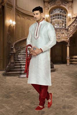 Indian Poshakh Cream Dupion Brocket Kurta Pajama 2